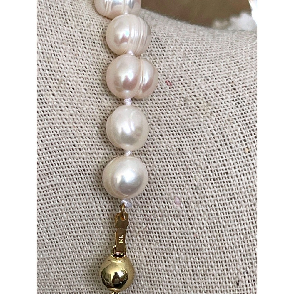 14K Gold Clasp Cultured Freshwater Pearl Knotted Baroque Necklace 18" 9.8mm - Picture 6 of 7